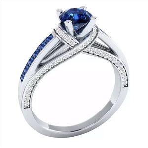 New Women’s 925 Silver Round Sapphire Ladies Ring